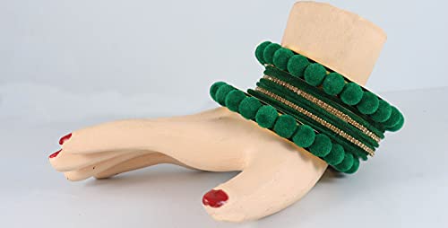 Image of NMII Stylish Metal with Golden Zircon Stone & Velvet Balls Bangles Set For Women and Girls | Fancy Designer Bangles | Short Velvet Chuda Set | Women's Fashion Jewellery