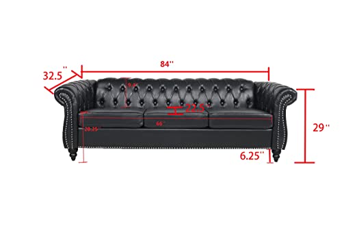 Image of LEVNARY Chesterfield Sofa, Classic Tufted Upholstered Leather Couch, Modern 3 Seater Couch Furniture with Tufted Back for Living Room Office (Black)