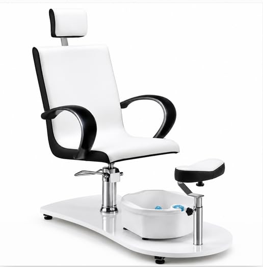Pediküre-Stuhl mit Massagefunktion, Fußbadewanne, Höhenverstellbar, Ökoleder, Weiß-Schwarz