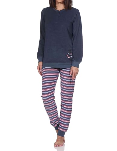 Normann Damen Frottee Schlafanzug mit Bündchen + Knopfleiste am Hals - auch in Übergrößen Farbe:blau-Mel. Größe:40-42