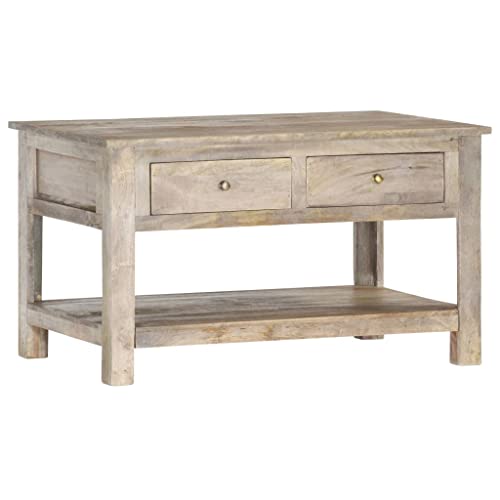 Teenpull Table Basse en Bois de manguier Massif 82x52x47 cm avec 1 étagère et 2 tiroirs Finition chêne Gris pour Salon Rangement Durable et Stable