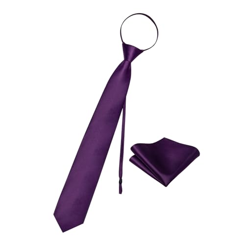 Image of YourTies Zipper Tie for Men Adjustable Pre-tied Satin Neckties and Pocket Square Set Solid Color Business Formal Wedding