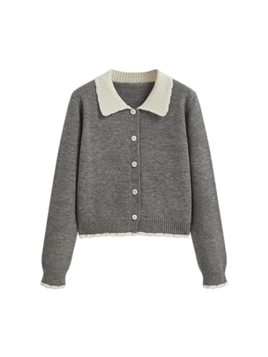 CIDER Cardigans for Women Trendy Knit Collar Button Up Contrasting Binding Regular Fit Crew Neck Cardigan