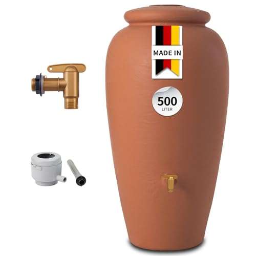 GARANTIA Amphore Regentonne Komplett-Set 300 Liter terrakotta inkl. Kunststoff-Auslaufhahn und Fallrohranschluss - Regentonne 300 Liter, Regenfass, Wassertank, Wassertonnen für Garten, Wasserfass
