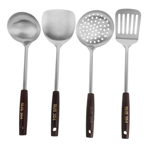 OUNONA 4 Piezas utensilios de madera para cocinar Herramienta de cocina espátula para freír cuchara espumadera cucharas para cocinar cucharón para gatos Acero inoxidable