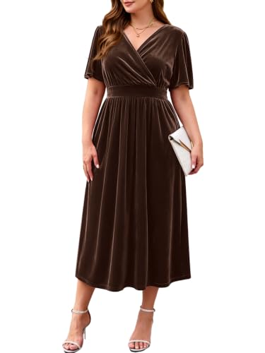 Image of BELAROI Velvet Dress Cocktail Party Plus Size Fall Midi Dresses with Pockets Wrap V Neck Empire Waist Short Sleeve L-4XL