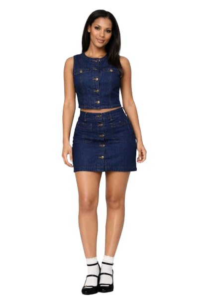 Women’s Navy Blue Denim Co-Ord Set – Sleeveless Button Front Crop Top & High Waist Mini Skirt with Pockets | Stylish Two Piece Denim Outfit for Casual, Party & Streetwear-picture-21