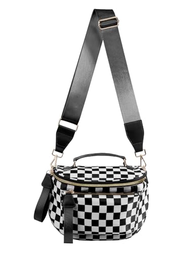 Image of Black and White Checkered Crossbody Bag Bum Bag for Women,Spacious Checkered Purse Fanny Packs Belt Bag