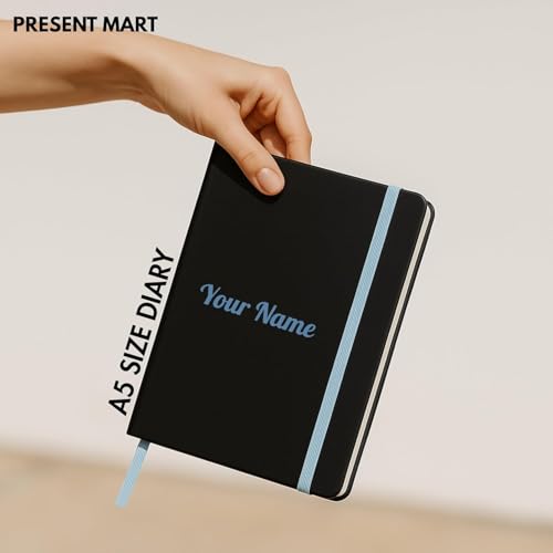 Image of Personalised PU Leather Diary - A5 Size Black Hardbound Notebook with Name Print & Matching Strap, 176 Pages 80 GSM Paper, Calendar, Memo Section, Ideal for Gifting