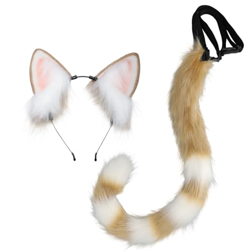 QUICOMP Cat Ears Tail Costume Cat Ear Headband Fox Ear Tail Cat Cosplay Props (Light Brown)