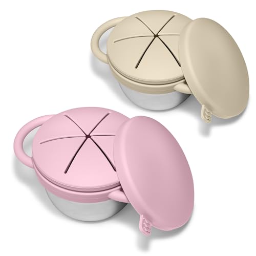 Image of JVEOO 2 Pack Baby Stainless Steel Snack Containers for Kids with Spill Proof Food Grade Silicone Lids & Handles 9 OZ Baby Snack Cups No Spill Toddler Snack Box for Mess-Free Snacking
