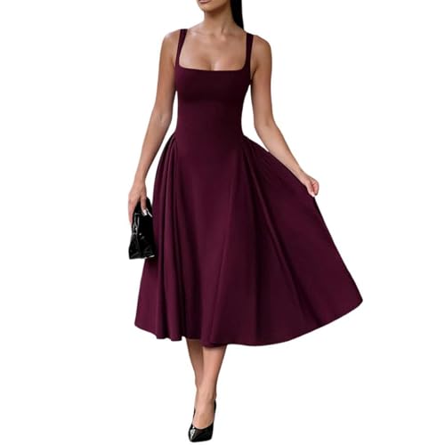 Korsettkleid Damen Midikleid, Böhmisches Sommerkleid in Eleganter und Sexy A-Linie, Strandkleid, Verstellbare Spaghettiträger, ärmellos, Tief...
