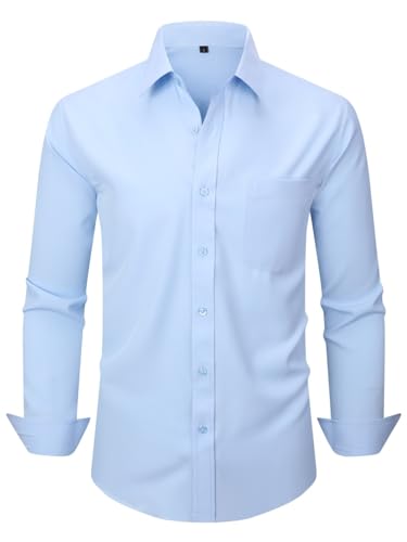 corfty Men Long Sleeve Dress Shirt - Regular Fit Stretch Free-Wrinkle Casual Button Down Shirt (Light Blue, Large)