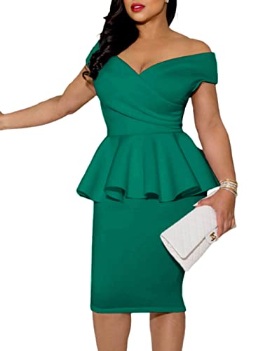 Image of MAYFASEY Church Dresses for Women Vintage Ruffle Peplum Wear to Work Office Business Cocktail Party Pencil Knee Dress