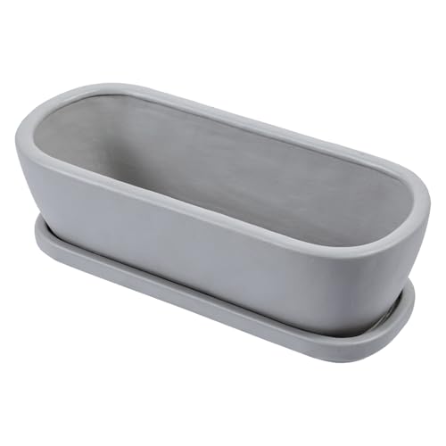 MyGift 14 Inch Oval Modern Gray Concrete Succulent Planter Pot with Drainage Hole and Removable Saucer, Decorative Cement Indoor House Plant Container for Flowers, Cactus, Herbs