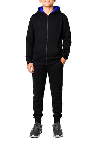 Image of NOROZE Kids Unisex Contrast Fleece Gym Sports Joggers Full Tracksuit Set Boys Girls Hoodie casual loungewear loose-fit sweatpants Ribbed cuffs (Black Blue, 13 Years)