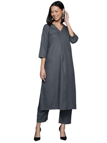 Image of Varanga Women's Violet Strap Kurta with Tonal Bottom & Printed Dupatta - Round Neck, Side Slit Design, Stylish & Comfortable