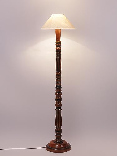 Image of Off-White Coolie Cotton Floor Lamp with Wooden Base - Height 53 Inches | Modern Standing Lamp for Living Room, Bedroom & Office | Elegant Home Lighting & Decorative