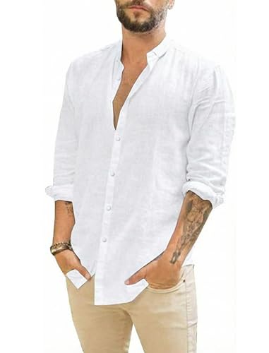 SEAYIJIA Mens Linen Shirts Long Sleeve Button Down Cotton Linen Beach Shirts Casual Summer Regular Fit Shirt, White XL