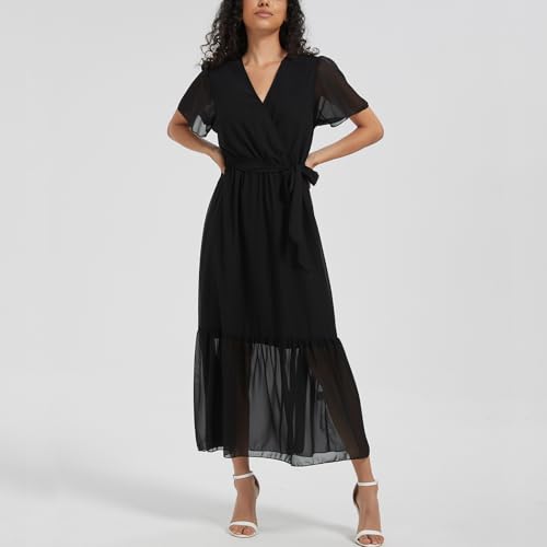 Image of Women's Summer Bohemian Floral Chiffon Dress Cap Sleeve V Neck Ruffle Long Flowy Boho Casual Vacation Dresses