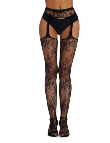 Women's Suspender Tights Fishnet Stockings Sexy Pantyhose with Garter Belt Floral Black Plus Size XS-5XL