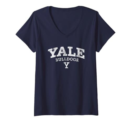 Womens Yale Bulldogs Vintage Arch Over Navy Officially Licensed V-Neck T-Shirt