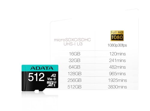 Image of ADATA Premier Pro 512GB MicroSDXC /SDHC UHS-I U3 Class 10 V30S A2 Memory Card with SD Adapter - Waterproof, Shockproof, X-ray Proof, Magnet Proof and Temperature Resistant