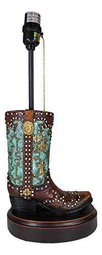 Ebros Tooled Turquoise Cowboy Boot With Scroll Lace Crosses And Button Nail-Heads Hand Painted Resin Desktop Table Lamp With Faux Leather Shade Country Cowgirl Western Rustic Home Decor Accent #TOP1