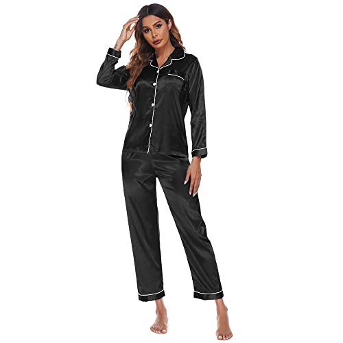 KOEMCY Pijama Mujer Manga Larga Pijama de Satén con Botones de Seda Ropa de Dormir Conjuntos de Pijama Pantalones Ropa de Dormir (Negro,XL)