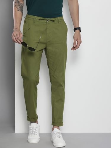 Image of The Indian Garage Co Men Slim Fit Solid Mid-Rise Elasticated Linen Trousers