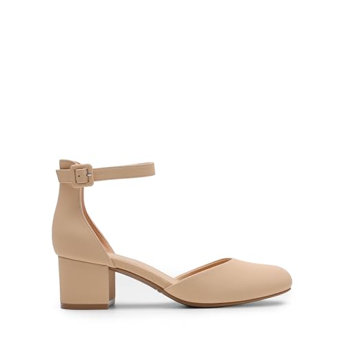 Image of DREAM PAIRS Women's Round Toe Low Block Heel Pumps | Closed Toe Ankle Strap Chunky Heel Pumps Dress Shoes Wedding Office Party Dressy Shoes for Women