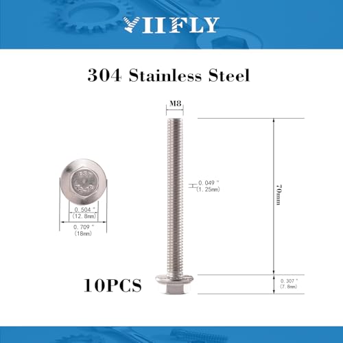 Image of M8x1.25 x 70mm Flanged Hex Head Bolts, 304 Stainless Steel (A2-70), Bright Finish, Fully Threaded, Hexagon Head Flange Bolts, Quantity 10