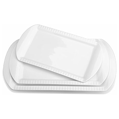 Lifver Porcelain Embossed Serving Platter, Rectangular Plates, White, Set of 3 Cover