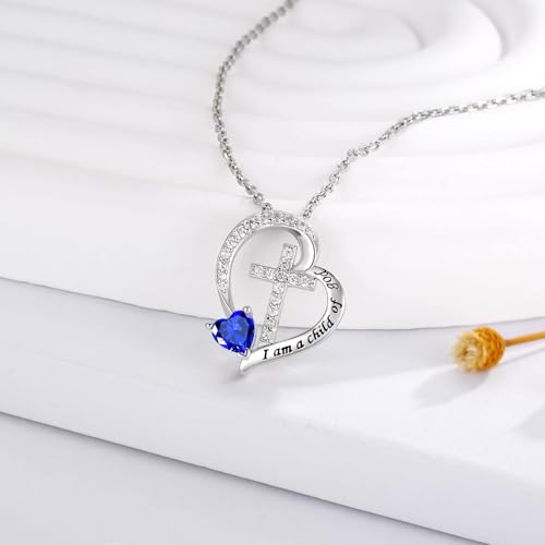 MANBU Sterling Silver Cross Necklace for Girls: Heart Birthstone I am a Child of God Pendant Religious Jewelry Baptism First Communion Confirmation Gifts for Teens2