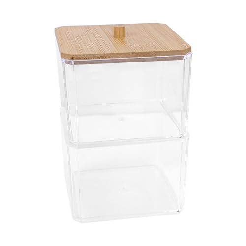 HFZRZFH Clear Acrylic Bathroom Organizer with Bamboo Lid - 2-Tier Cotton Swab, Cotton Round, Pad, Floss Dispenser for Vanity, Office, Home