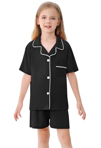 Umeyda Girls Modal Button Down Pajamas Set, 2Pj Nightwear Sleepwear for Teen Kid 2 Pcs Loungewear, Black, 11-12 Years = Tag 1602