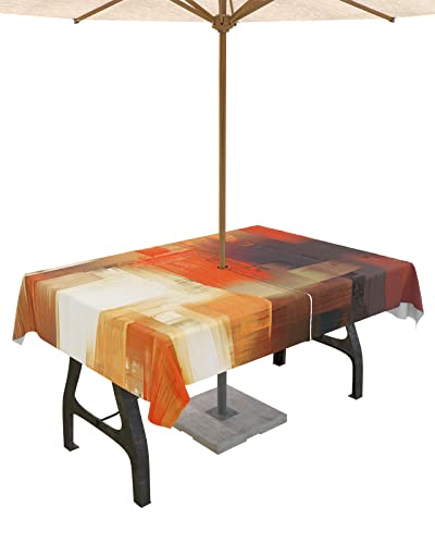 Outdoor Tablecloths with Umbrella Hole and Zipper, Burnt Orange Waterproof/Stain Resistant Rectangle Table Cloth 54x80 Patio Table Cover for Picnic/Party Modern Geometric Oil Painting Abstract Art