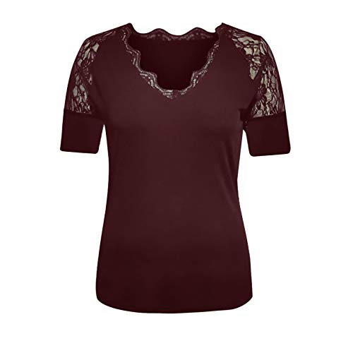 Camiseta feminina de renda com gola V solta manga curta e fenda lateral casual, Vinho, M