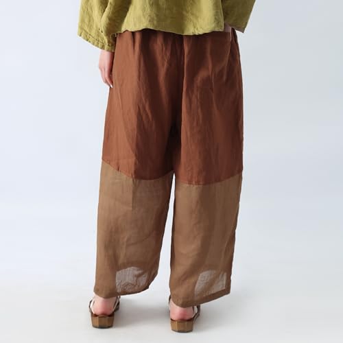 Women's Cropped Wide Leg Linen Pants High Waisted Lightweight Beach Pants with Patchwork & Contrast Color4