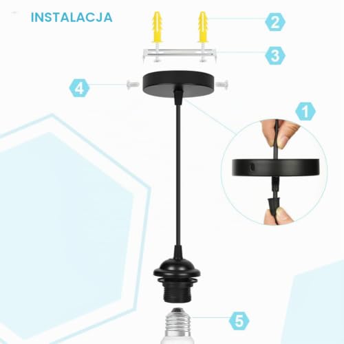 AUAUY Zestaw 2 szt. oprawek E27, czarna, z pierścieniem śrubowym, oprawka E27 do lampy wiszącej, z regulowanym kablem o długości 90 cm, do sufitu kuchni, jadalni