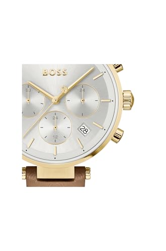 Image of BOSS Majesty Sport Qtz Multifunction Silver White Round Dial Women's Watch|Brown Leather Material|Brown Color Band - 1502772