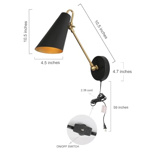 Image of KSANA Swing Arm Wall Lamp, Black and Gold Plug in or Hardwired Wall Sconces, Modern Adjustable Arm Light Fixture with On /Off Switch for Bedroom, Kitchen, Hallway and Living Room