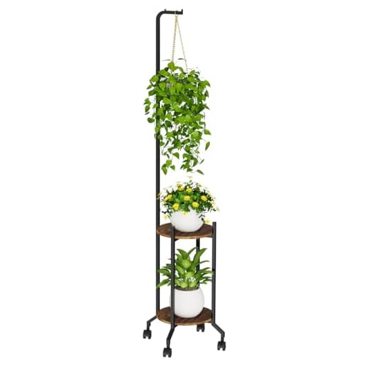VyGrow Plant Stand Indoor, 2 Tier Hanging Tall Plant Shelf with Wheels, 3 Potted Corner Flower Stand Metal Plant Holder, Plant Shelves for Living Room, Bedroom, Patio, Outdoor, Black