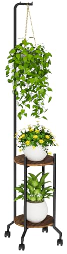 VyGrow Plant Stand Indoor 2 Tier Hanging Tall Plant Shelf with Wheels 3 Potted Corner Flower Stand Metal Plant Holder Plant Shelves for Living Room Bedroom Patio Outdoor Black