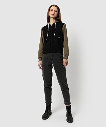Image of Campus Sutra Women's Black & Olive Green Regular Fit Denim Jacket For Winter Wear | Collared Neck | Full Sleeve | Buttoned | Casual Jacket For Woman & Girl | Western Stylish Jacket For Women