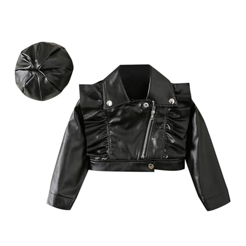 Toddler Girls Faux Leather Motorcycle Jacket Cute Ruffle Spring Fall PU Coat and Hat 2 to 7 Years Top Runaways Black