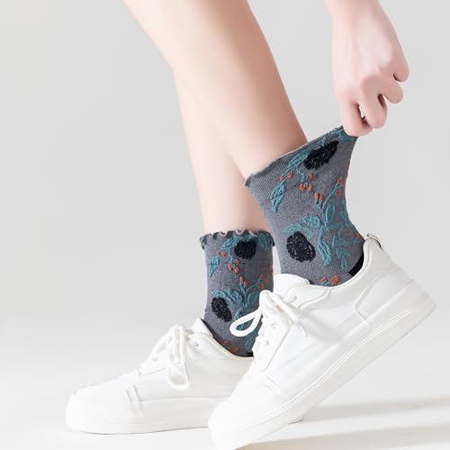 Image of Womens Ruffle Crew Socks Vintage Patterned Ankle Casual Fashion Dress Sock Cute Lettuce Floral Socks 5 /6 Pack