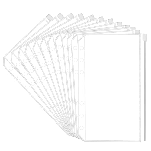 12 PCS Plastic Binder Pockets A6 Size 6 Holes Zipper Binder Pouch Folders Waterproof Loose Leaf Bags Clear Binder Envelopes for Documents Photo Bills Organizer