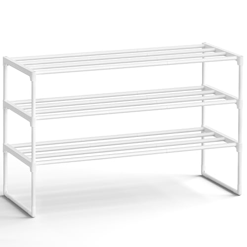 SONGMICS Shoe Rack, 3-Tier Shoe Organizer, Metal Storage Shelf | for Entryway, Upright or Upside Down, for 16-20 Pairs, Stackable, 11.8 x 36.2 x 21.7 Inches, Pearl White ULSA303W03