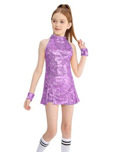 LOLANTA Costume da Ballo per Ragazze con Paillettes Costume da Ballo Hip-Hop Abbigliamento da Danza per Bambini, Viola Chiaro, 10-11 Anni, 150